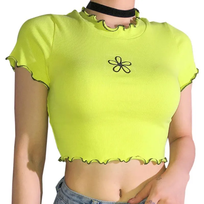 2020 Crop Top T-Shirt Одежда Женщины Цветочные печати рюшами шеи Дамы футболки с коротким рукавом женщина Tshirts тонкий сексуальный Harajuku Tops