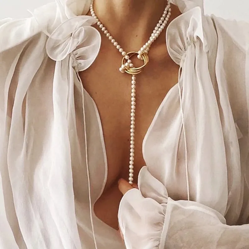Simulated Pearl Wrap Geometric Metal Necklace for Women Wedding Party Long Pearls Portrait Coin Necklaces Jewelry Gift