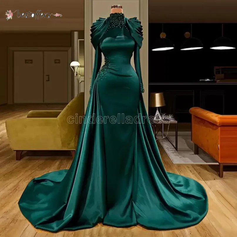 2022 Sexy Arabische Dubai Mermaid Formele Avondjurken met Overskirt Beaded Peplum Lange Mouwen Hoge Hals Moslim Celebrity Partyjurken Prom Dress