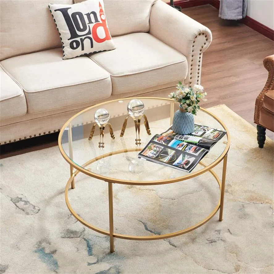 Amerikaanse voorraad ronde koffietafel goud modren accent tafel gehard glas bijzettafel voor thuis woonkamer gespiegeld top / gouden frame A41