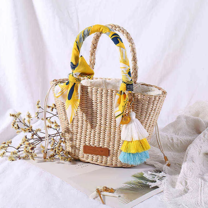 Boodschappentassen natuurlijke mand handgemaakte stro geweven handtassen zee gras strand top handvat huwelijksgeschenk klein formaat 220303