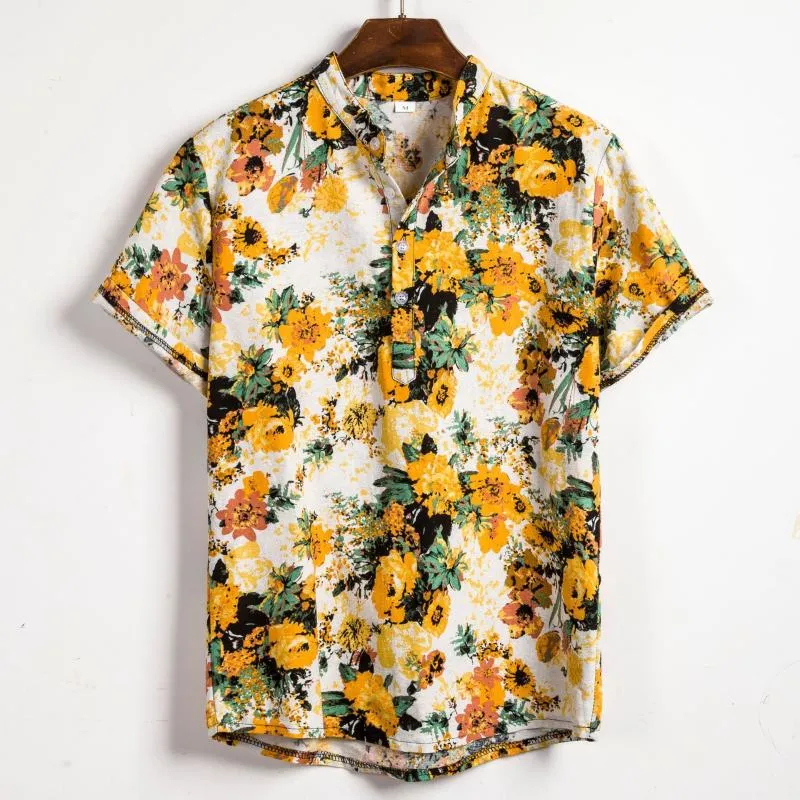 Yaz Erkekler Sarı Çiçek Baskı Gömlek 2020 Marka Hawaiian Gömleği Kısa Kollu Stand Yakası Gömlek Gündelik İnce Uygun Kimya Homme