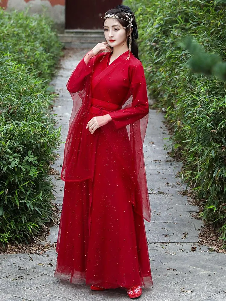 الشرقية الأحمر القديمة hanfu اللباس امرأة الصينية الرقص التقليدية ازياء أنيقة الجنية ملابس الأداء الشعبية ارتداء المرحلة