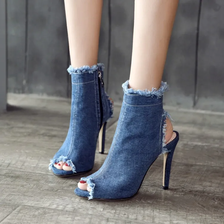 Summer Women High Heels Open Peep Toe Boots Holes Slingbacks Stretch Half Denim  Boots 2020 Spring New Plus Size EUR 33-43