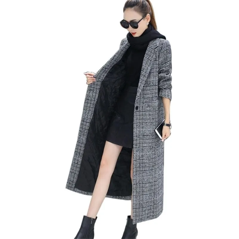 Moda mulheres casaco de lã xadrez clássico feminino solto longo único casacos de peito 2020 outono jaquetas de inverno trincheira outerwear lj201110