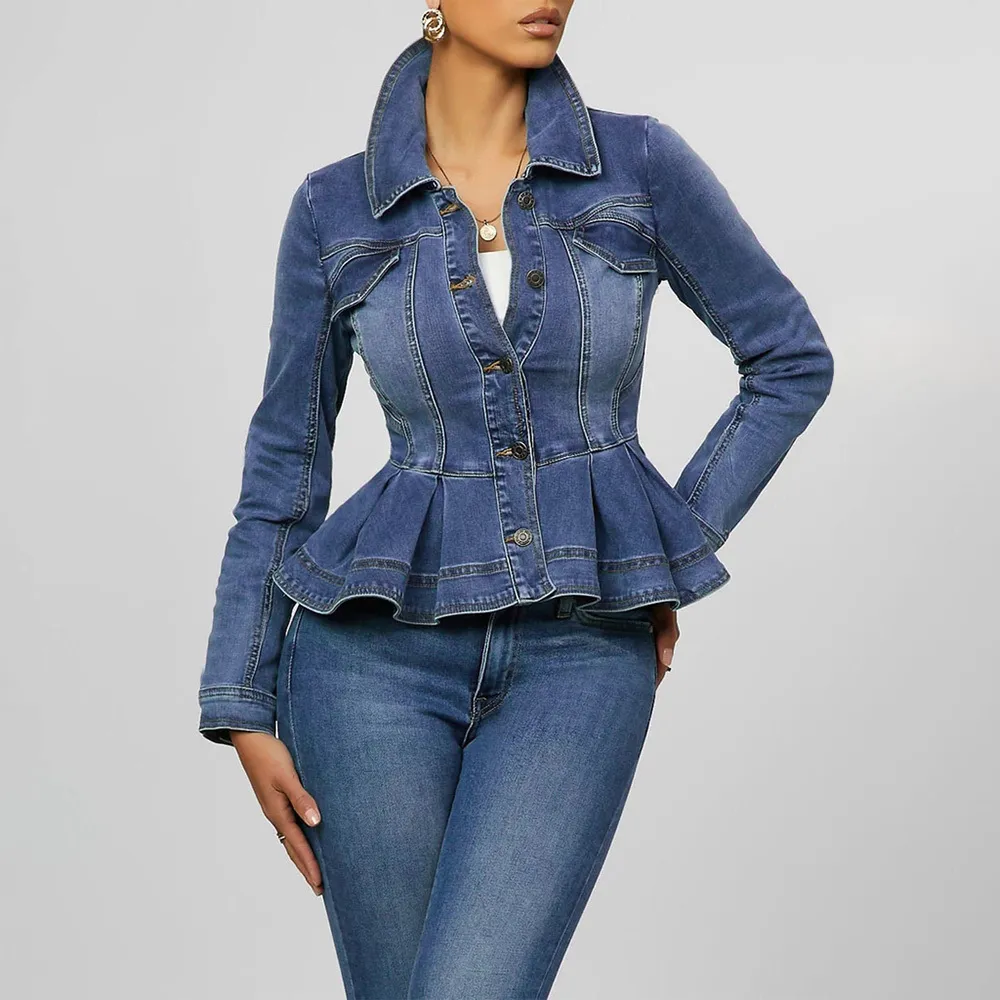 Vintage Slim Fit Womens Denim Jacket With Ruffle Hem And