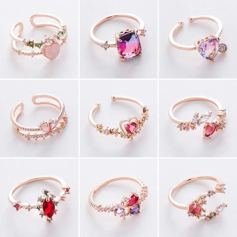 Cluster Rings 2021 Shiny Rhinestone Sweet Floral For Women Girls Bling Crystal Mosaic Jewelry Valentine's Gift 23 Colors1