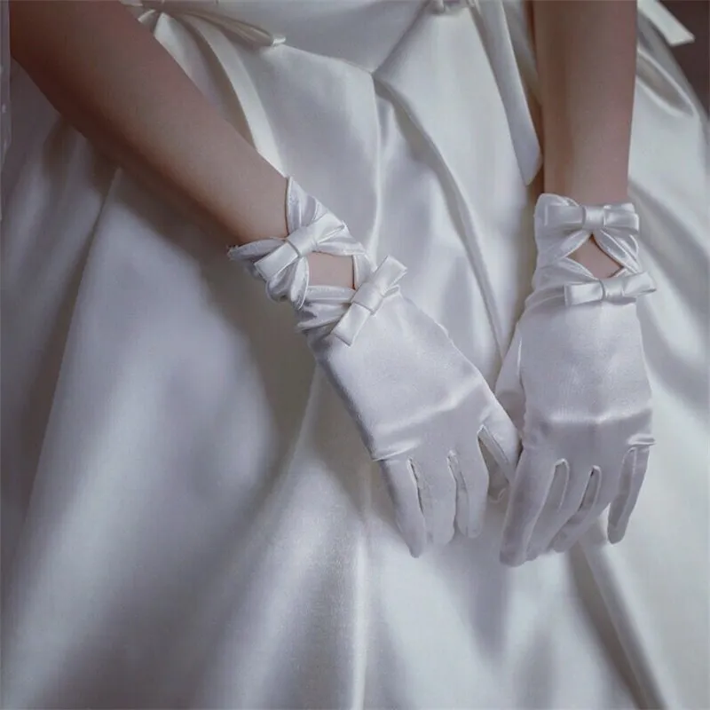 Rękawiczki ślubne koronkowe białe łuk krótkie satynowe akcesoria kwiatowe dziewczyny rękawiczki