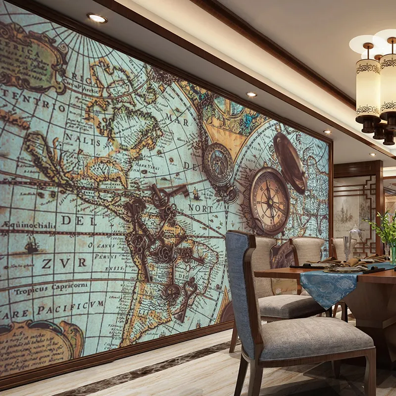 Пользовательский 3D Wall Mural Ретро Ностальгической карта мира карманных часы Фото обои Кафе Спальня Кабинет Art Home Decor Живопись