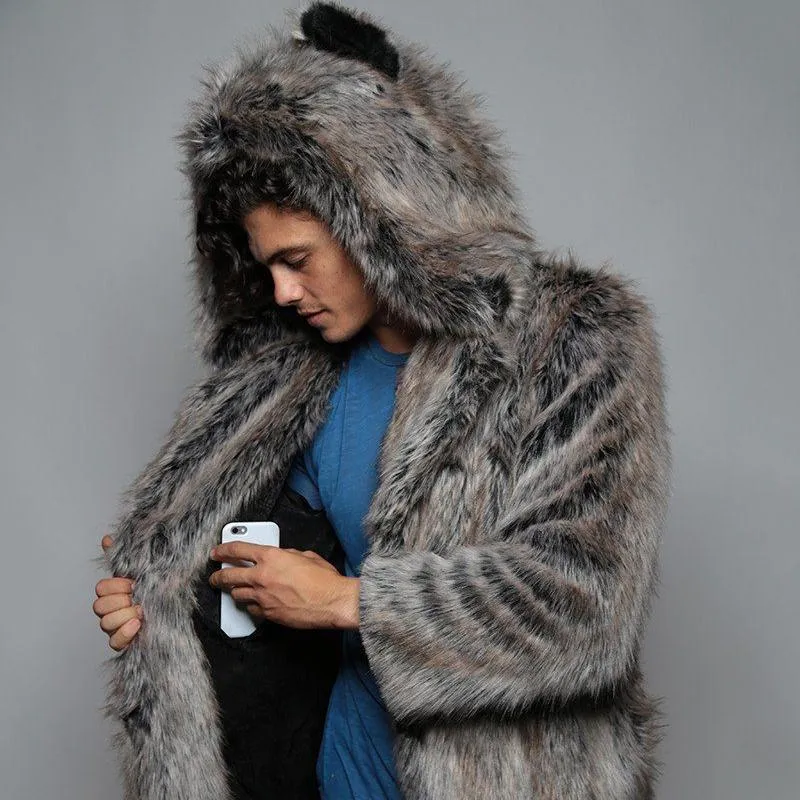 Wolf Fur Men's Faux Fur Overcoat Grey Wolf Mens Fake Fur Coat