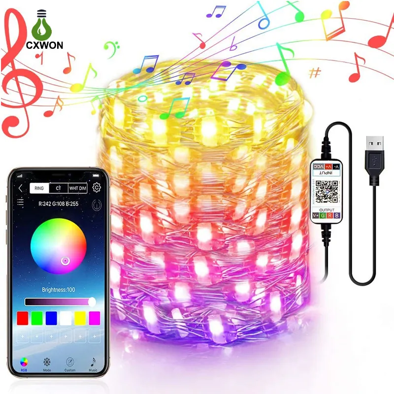 Luces de cadena de hadas USB 2M 5M 10M 20M Impermeable 16 colores cambiantes Luces de alambre plateado Bluetooth para manualidades Dormitorio Techo Decoración navideña