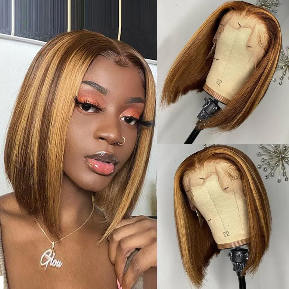 Ishow Highlight Straight Bob 4/27 T Closure Human Hair Wigs 8-14inch Brazilian 13x1 Omber Brown Natural Color Lace Front Wig For Women All Ages