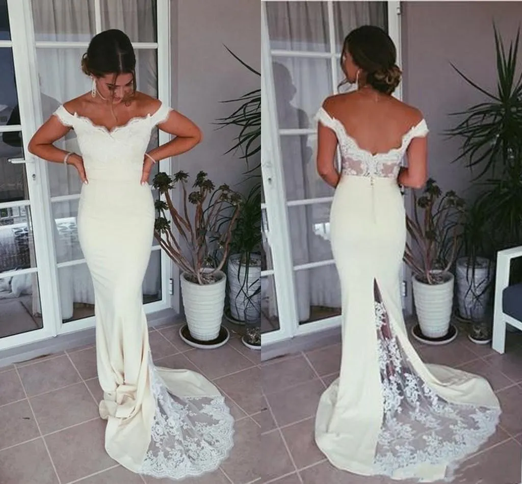 Sexiga Mermaid Prom Klänningar 2021 Arabiska Aso Ebi Av Axel Lace Appliques Formell Evening Kappor Sweep Train Backless Party Dress Al8305