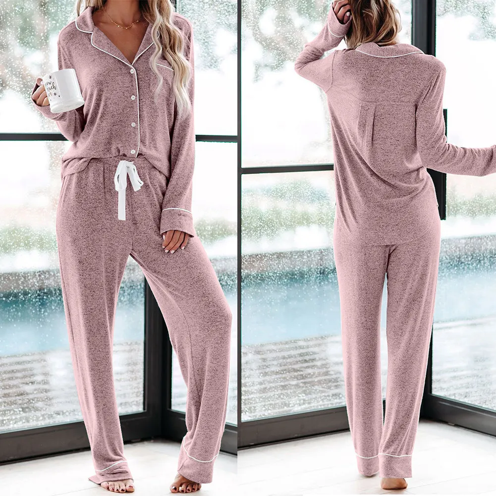 Lange Mouw V-hals Dames Pyjama Set Slapen Reizen Volwassen Home Zachte Drawstring Closure Button Down Loungewear Broek tweedelig T200707