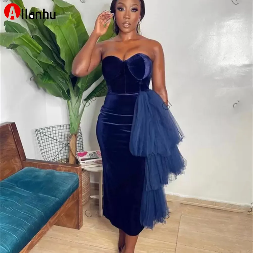 2022 Nouvelles années ASO EBI Sexy Gaine Africaine Cocktail Robes avec Tulle Tassels Sweetheart Courte Robe de bal courte Velvet Black Girls Mini Robes de soirée officielles Custom