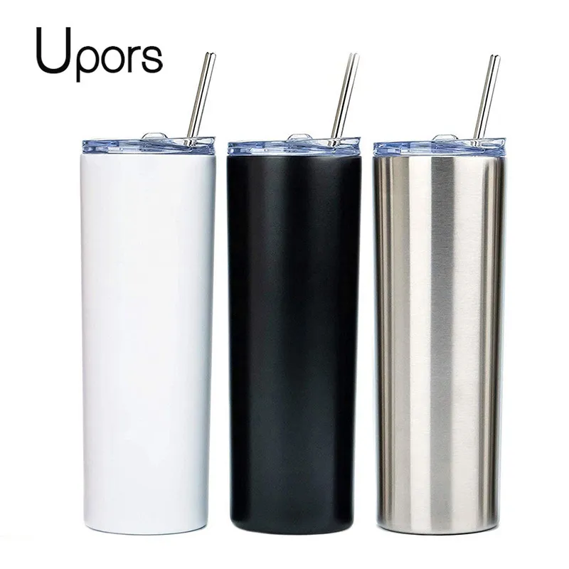 UPORS Skinny Tumbler mit Strohhalm 20oz Reisebecher Sublimation Vakuumisolierter doppelwandiger Edelstahl-Kaffeebecher 201204