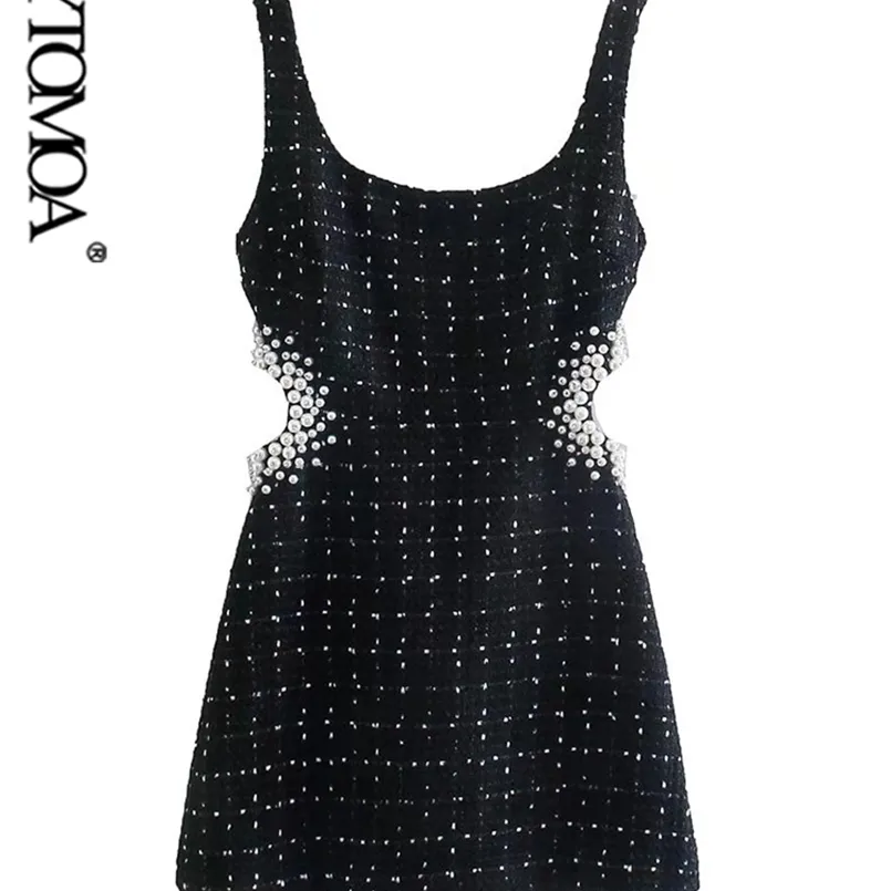 KPYTOMOA Kvinnor Mode med Pearl Pärlor Hollow Out T Mini Dress Vintage Backless Zipper Wide Straps Kvinna Klänningar Vestidos 220311