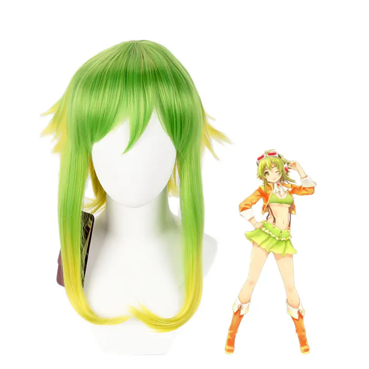 Vocaloid Gumi Megpoid Wig cosplay Golden Green Ombre Short Layered Fluffy Synthetic Hair Wigs For Party Hair cap