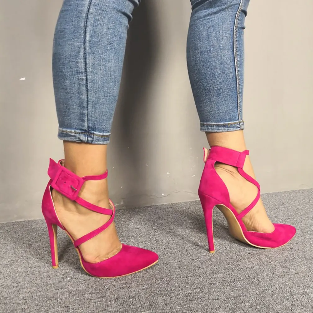 Handmade 2022 Simple Style Women Stiletto High Heels Dress Shoes Cross Buckle Strap Kid Suede Pointed-Toe Evening Party Prom Fashion Court Pumps D752