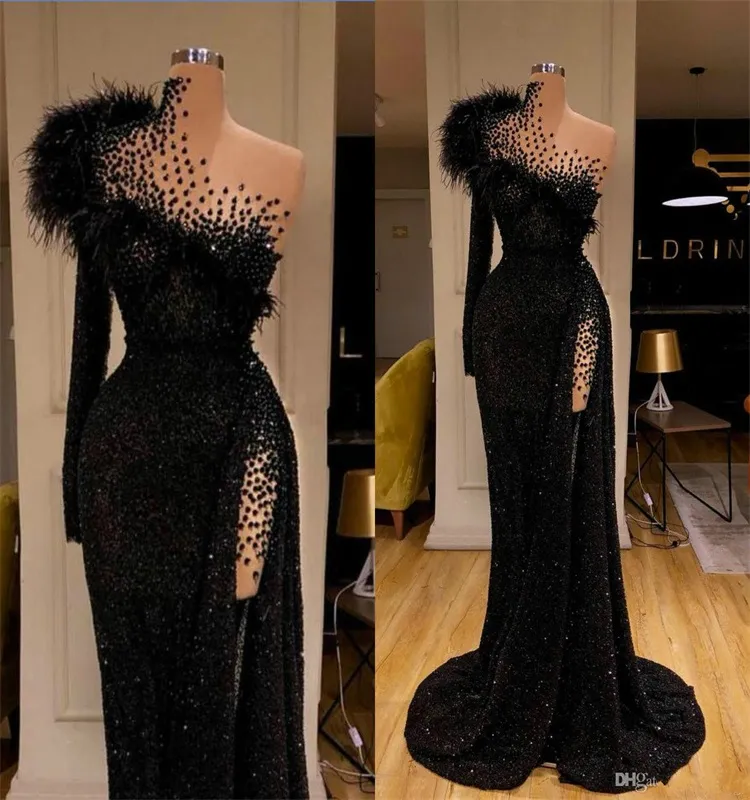 Real Image Chic Evening Dresses Glitter Sequins Feather Beads Ruffles Luxury Formal Prom Dress Custom Made Sweep Train Long Party Gown
