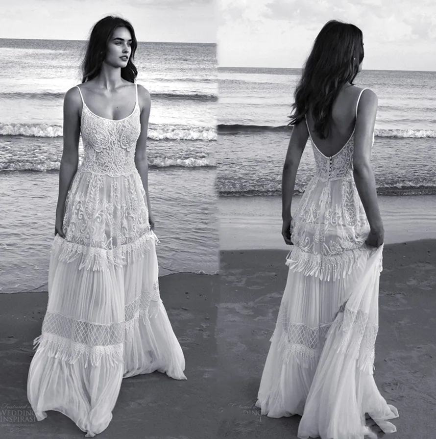 Sexy Spaghetti Plage Robes De Mariée Robes De Mariée Bretelles Spaghetti Dos Nu Sans Manches D'été Boho Robe De Mariée En Dentelle Appliques 2023 Vestidos de novia