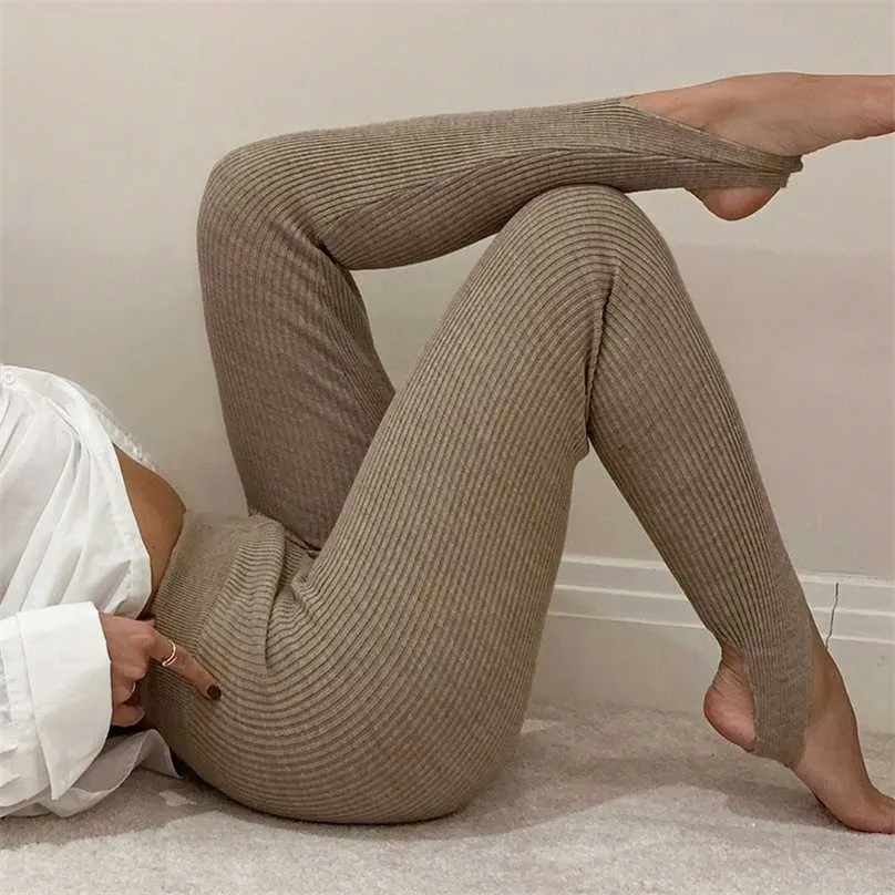 Knit Leggings Women Beige Ribbed High Waist Cotton Fitness Basic Pants Casual Spring Stretch All-Match Female Skinny 211215