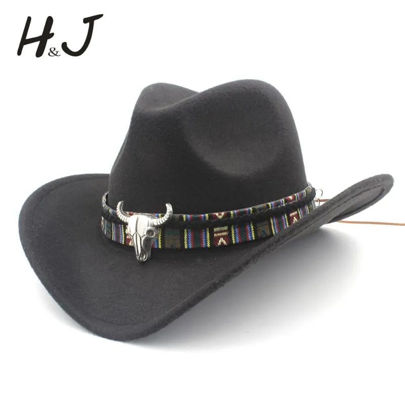 Cappello da cowboy occidentale da donna in lana cava Cappello da cowboy a tesa larga arrotolabile Cowgirl Jazz Cappello da sombrero equestre con nastro Tauren nappa