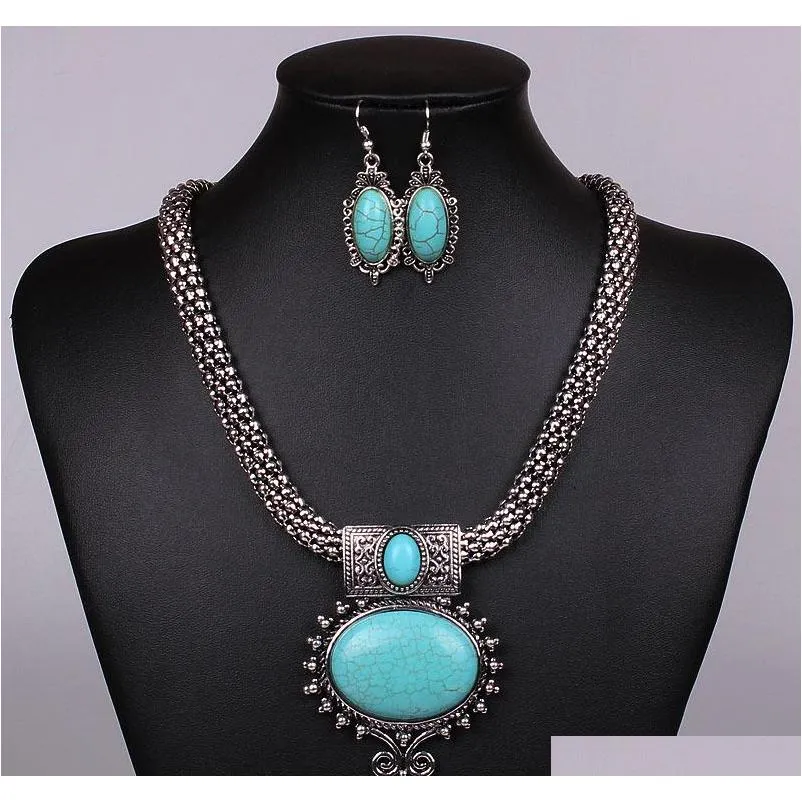 fashion vintage necklace set antique silver turquoise jewelry set dangle earrings classic pendant design fine jewelry sets