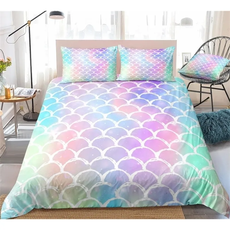 3pcs Fish Scales Bedding Colorful Mermaid Scale Bedding Rainbow Scales with Sparkles Stars Quilt Cover Queen Kids Girls Dropship 201021