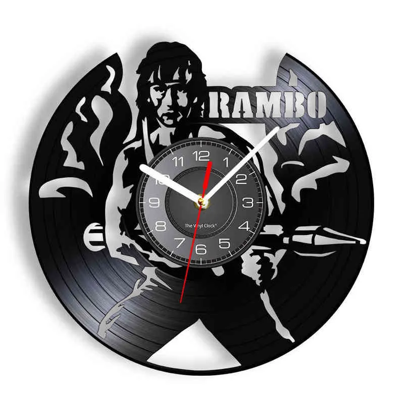 Rambo Film Inspiré Vinyle Musique Record Horloge Murale Man Cave Décor Soldat John Rambo Portrait Laser Etch Disque Vinyle Horloge Artisanale H1230