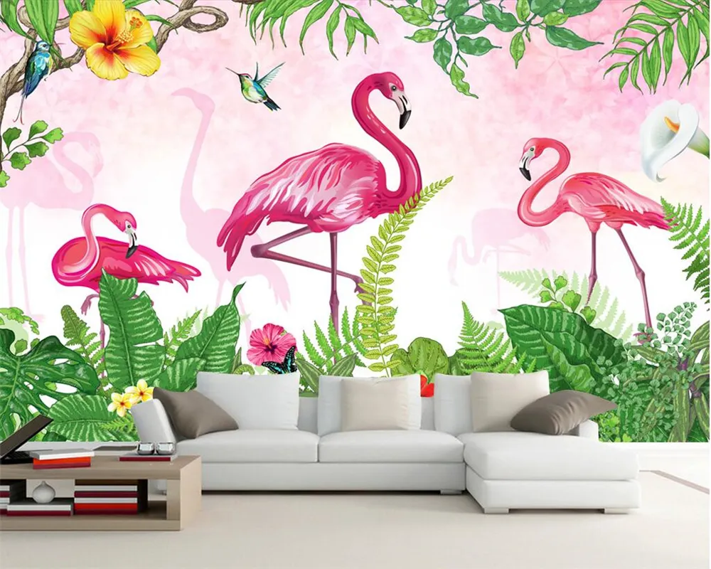 Beibehang anpassad tapet handmålad grön liten förfriskning landskap flamingo vardagsrum soffa tv -bakgrund 3d wallpape