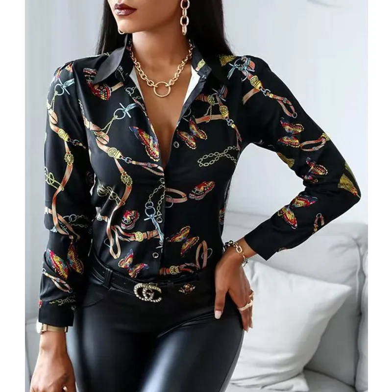 2021 Kvinnor Casual Shirts Butterfly Chain Print Blue Long Sleeve Button Design Shirt Office Lady Tops F0114