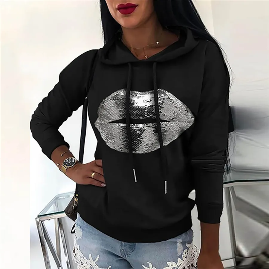 Mulheres Moda Outono Sequins Lip impresso camisola manga comprida de bolso Moletom Bordado Hoodies Streetwear solto Túnica Tops HU89