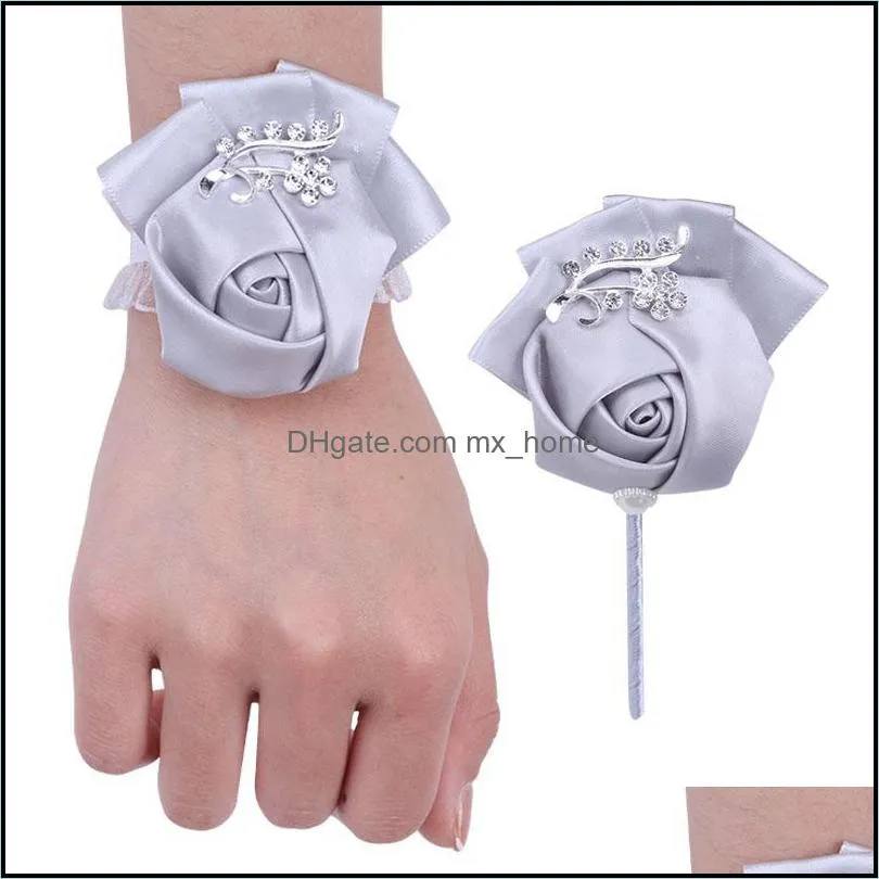 Bride Bouquet Silver Wedding Crystal Ribbon Rose Bridesmaid Group Wrist Corsage Suit Dress Accessory T228A Decorative Flowers &