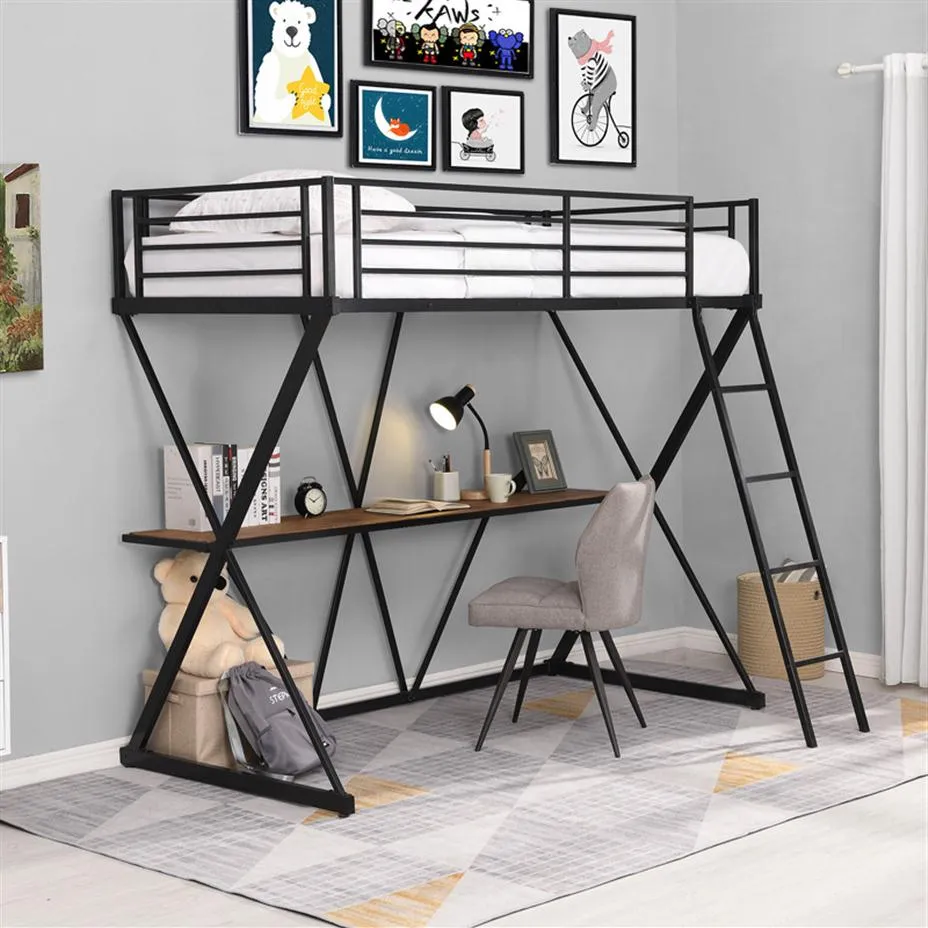 Amerikaanse voorraad slaapkamer meubels Twin Loft bed met bureau, met ladder en full-length Guardrails, X-vormige frame, Black299DK