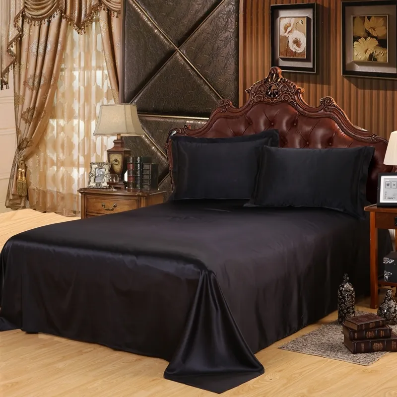 Lyxig satin platta säng vuxen fast madrass beskyddare silke bedsheet grossist svart röd silkeslen drottning dubbelsäng lakan bara 201113