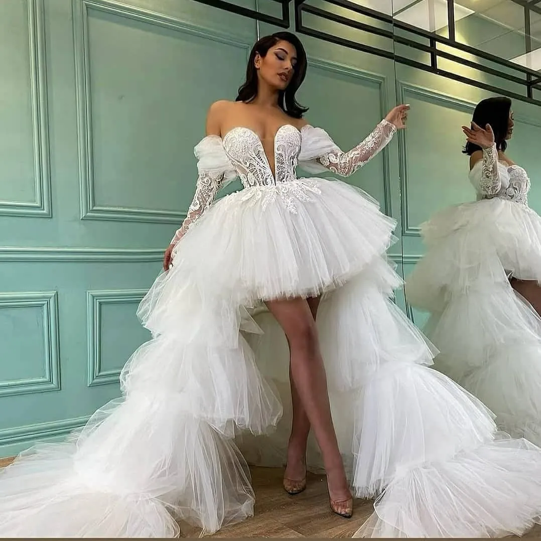 Vestidos de casamento de renda frisada incrível com trem destacável profundo pescoço em v uma linha mangas compridas vestidos nupciais camadas tulle robe de mariée