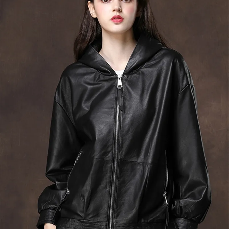 Nerazzurri preto jaqueta de couro enorme mulheres com capuz manga comprida cair zíper do ombro plus size primavera casaco de couro falso 201226