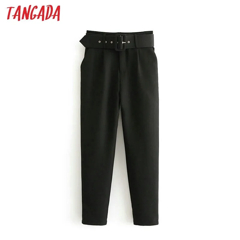 Tangada Black Costume Femme Taille haute Sashes Poches Bureau Dames Mode Mode Pantalon Jaune Rose Moyen Âge 6A22 201027