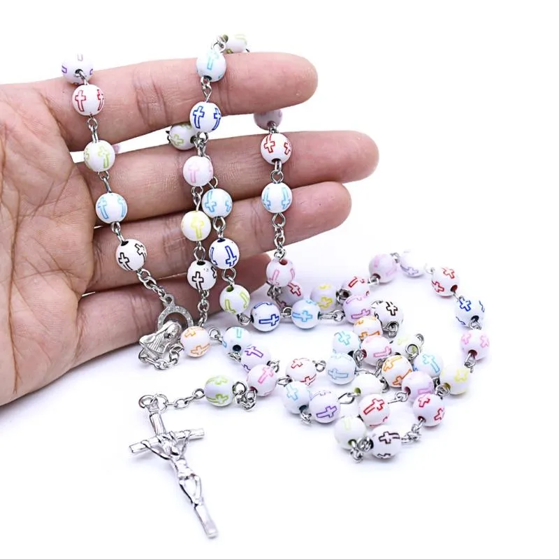 Pendanthalsband 3 Styles 8mm Cross Pink Spotted Rosary Halsband Katolska Christian Party Wedding Prayer BEAD Religiös kedja Jew297L