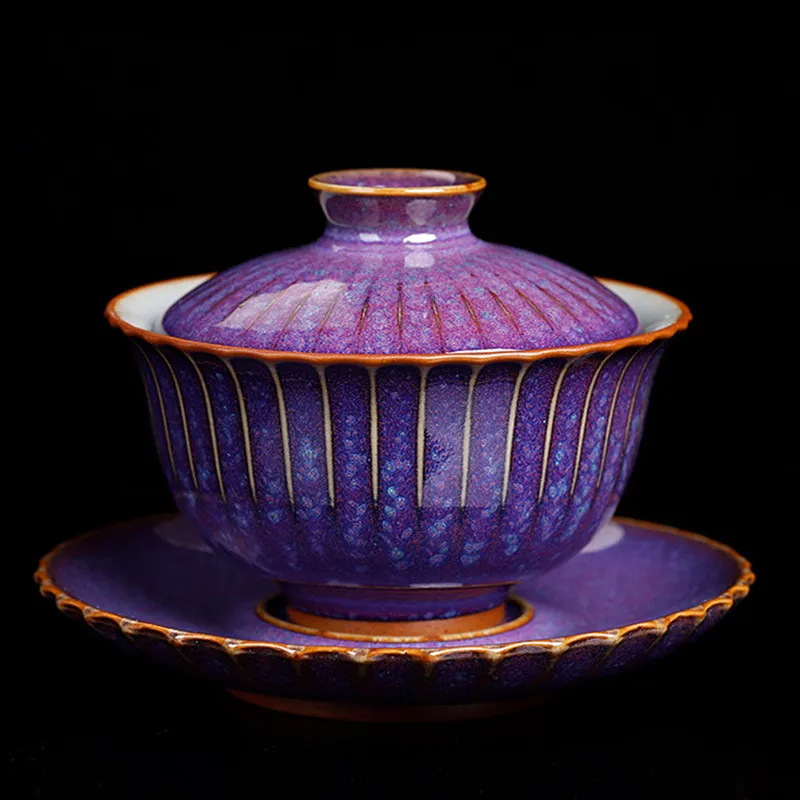 Jun kiln Sancai Gaiwan Kiln Changed Tea Covered Bowl Jun Porcelain Tea Bowl Ceramic Purple Green Red Color
