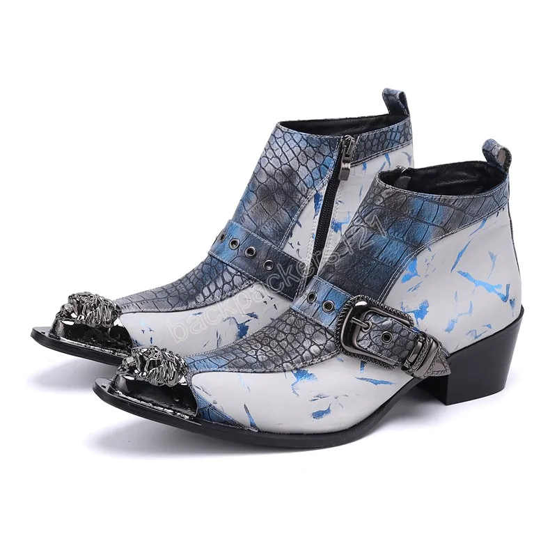 Läder Mäns Plus Storlek Ankel Boots Metal Pointed Toe Buckle Man Cowboy Boots High Heels Male Party Motorcykel Stövlar