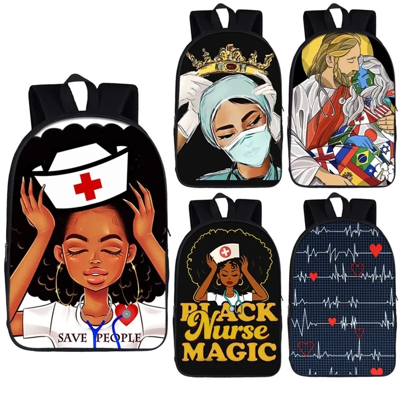 Black Nurse with Crown Backpack for Teenager Girls Children School Bags Afro Women Canvas Travel Bag Student Bagpack Kid Bookbag 201117