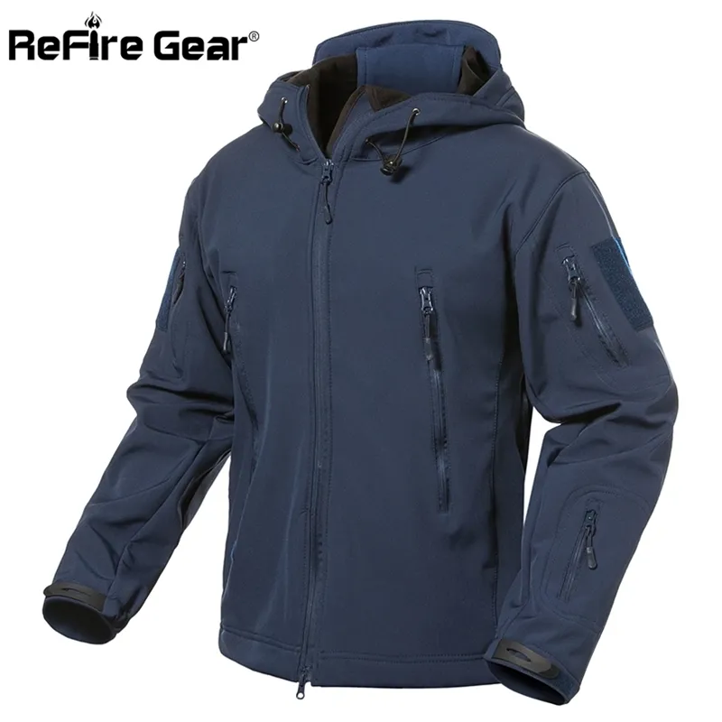 ReFire Gear Navy Blue Soft Shell Giacca militare da uomo impermeabile Army Tactical Jacket Coat Winter Warm Fleece Giacca a vento con cappuccio 201114