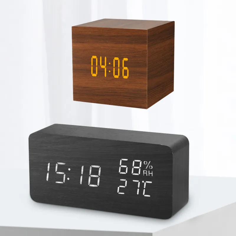 LED Wooden Wooden Alarm Clock Digital Watch Table Voice Control Wood