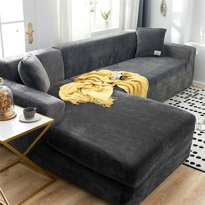 Samt-Plüsch-L-förmiger Sofabezug für Wohnzimmer, elastischer Couch-Schonbezug, Chaiselongue-Ecksofa-Bezug, Stretch für den Winter LJ201216