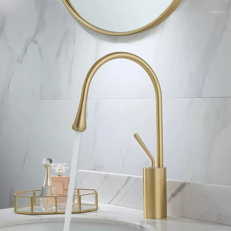 Rubinetti per lavandino del bagno LIUYUE lavabo spazzolato oro/ottone bianco rubinetto a forma di goccia miscelatore acqua fredda curva grande1
