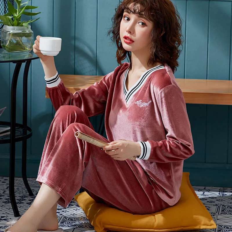 Velvet V Neck Pajama Set For Women Hot And Warm Lunya Sleepwear With Top  And Pants Big Size 201109 From Dou01, $13.43