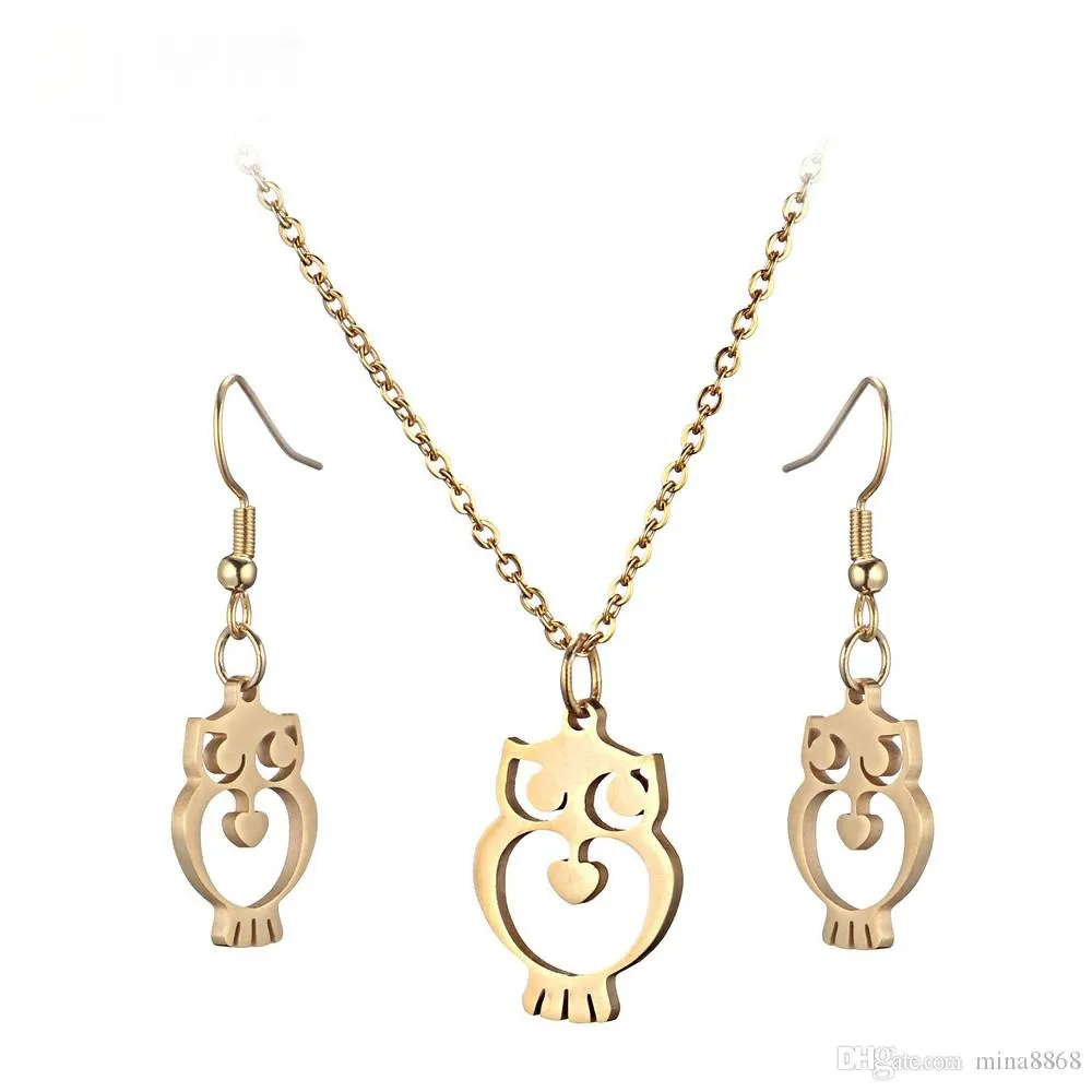 Ny stil Fashion Design Silver/Gold-färg Rostfritt stål Owl Smyckesuppsättningar för kvinnor Högkvalitet Kedjedalsbandörhängen Set grossist