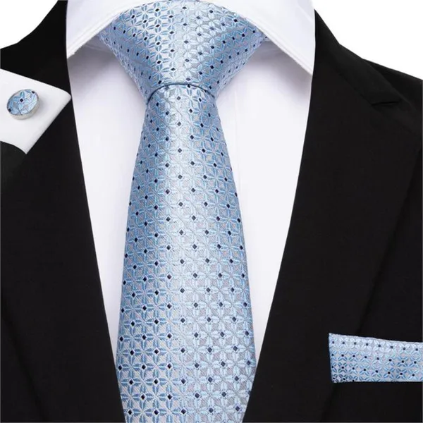 Hi-Tie Light Blue Striped Męskie Krawaty Hanka Cufflinks Zestaw Silk Neck Krawaty dla mężczyzn Wedding Party Business Tie Men Set